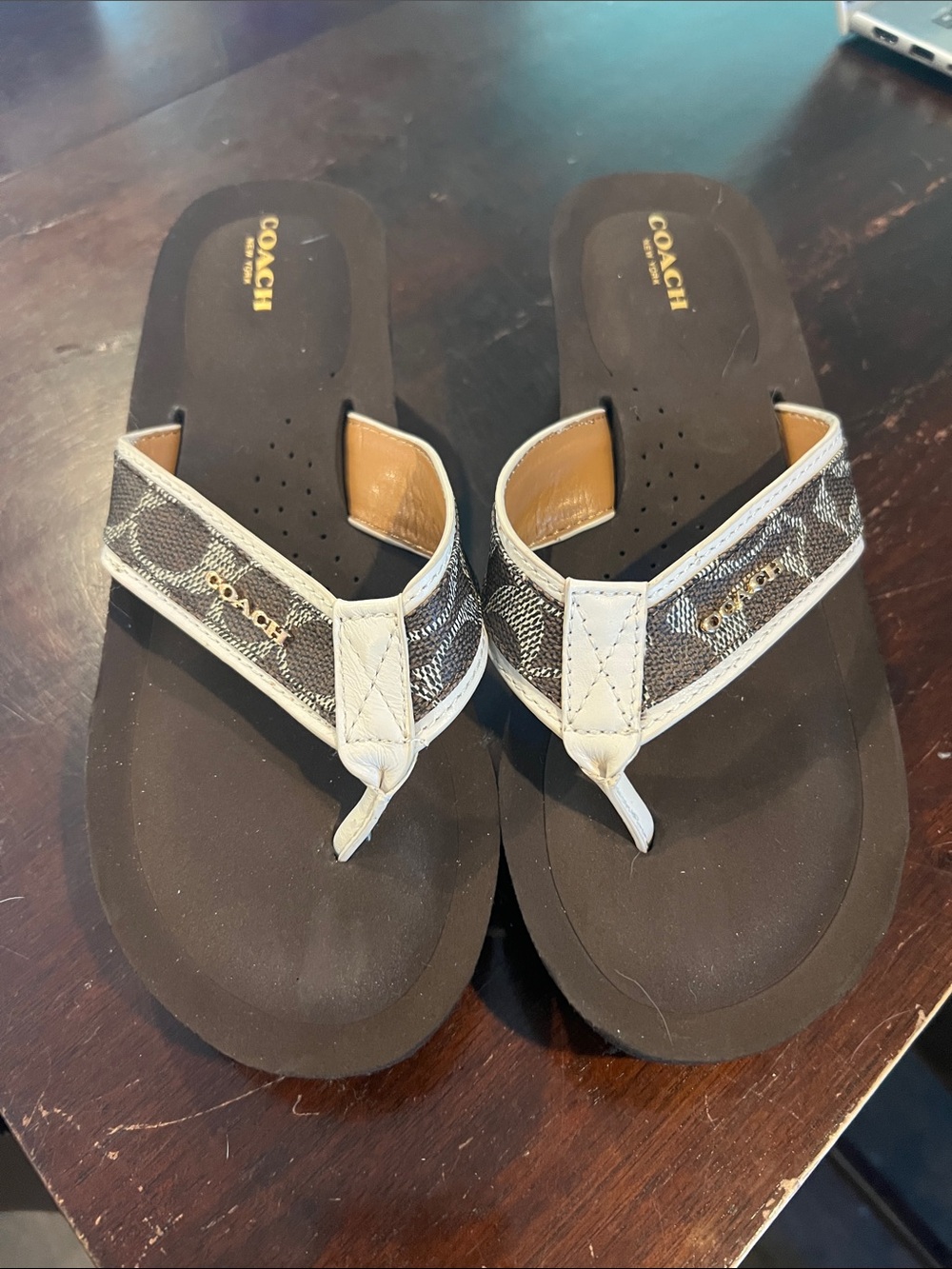 Coach Brown and White Signature Thong Sandals